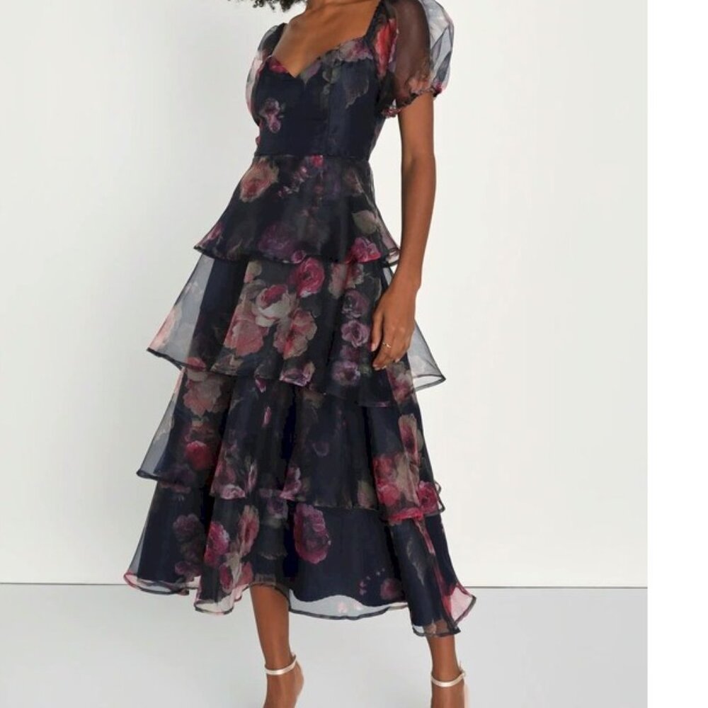Lulu's Black and Pink Floral Midi Dress